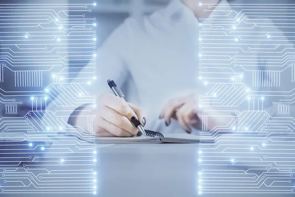 Holograma de tema técnico sobre las manos de las mujeres tomando notas de fondo. Concepto de alta tecnología. Doble exposición —  Fotos de Stock