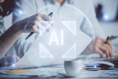 Veri temalı çizimin arka plan yazan insanların üzerine çifte pozlanması. Teknoloji kavramı