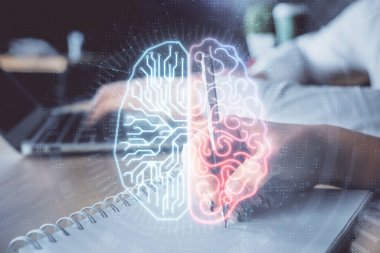 Arka planda not alan insanların beyinlerini çizerken çifte maruz kalma. Ai kavramı