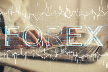 Bilgisayarda ve finansal grafik hologramında yazı yazan kadın ellerine çoklu maruz kalma. Borsa analizi kavramı.