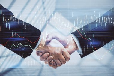 Forx grafik hologramı ve iki adamın el sıkışması. Borsa konsepti.