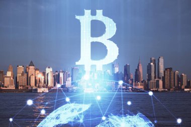 Kripto para birimi temalı hologram çizimi ve şehrin veiw arka planına çift pozlama. Engelleme zinciri ve bitcoin kavramı.