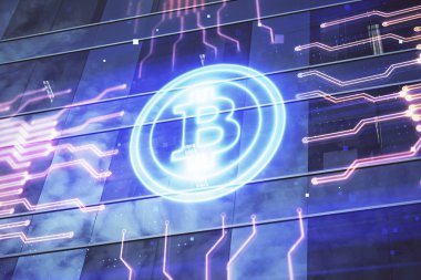 Kripto para birimi temalı hologram çizimine ve şehrin arka planına çoklu maruz kalma. Engelleme zinciri ve bitcoin kavramı.