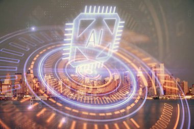 Veri temalı hologram gökdelenlerin arka planında çift pozlama ile şehir görünümüne çizim yapıyor. Ai kavramı.