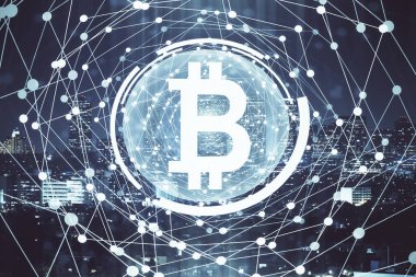 Kripto para birimi temalı hologram çizimine ve şehrin arka planına çoklu maruz kalma. Engelleme zinciri ve bitcoin kavramı.