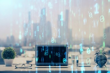 Arkaplanda bilgisayar ve veri temalı çizim tablosu çoklu pozlama. Yenilik kavramı.