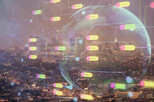 Tema de datos holograma dibujo en la vista de la ciudad con rascacielos fondo doble exposición. Concepto Ai. —  Fotos de Stock