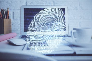 Ofisteki bilgisayarın parmak izi çizimi. Çifte maruziyet. İş veri güvenliği kavramı.