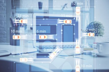 Otomobil hologramı çizimi olan masaüstü bilgisayar arkaplanı. Çoklu maruz kalma. Teknoloji kavramı.