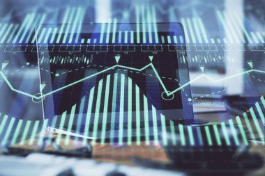 Bilgisayarın arka plan ve teknoloji temalı çizimlerine çoklu maruz kalma. Yenilik kavramı.