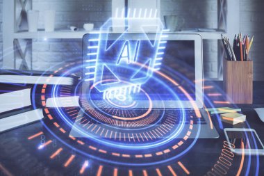 Teknoloji temalı çizim ve bilgisayarla çalışma alanı. Çoklu maruz kalma. Yenilik kavramı.