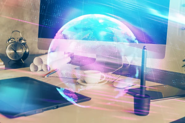 Computer on desktop in office with technology theme hologram. Multi exposure. Tech concept. — Stock Photo, Image