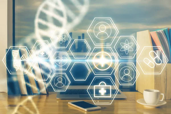Desktop computer achtergrond en DNA tekening. Dubbele belichting. Wetenschapsconcept. — Stockfoto