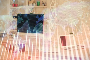Finansal grafik çizimine ve ofis içi arka planına çifte maruz kalma. Borsa konsepti.