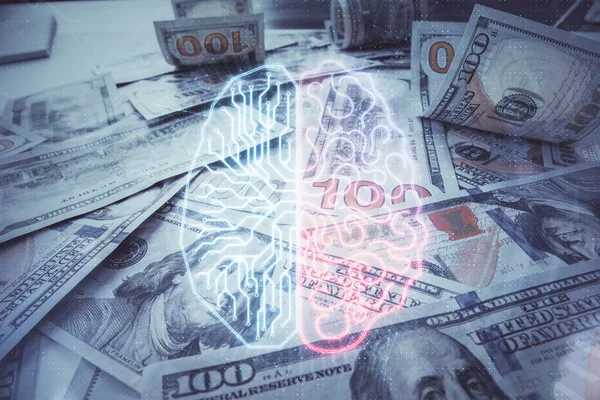 Dubbele blootstelling van de hersenen tekenen over ons dollar biljet achtergrond. Technologieconcept. — Stockfoto