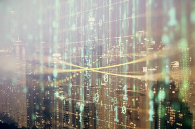 Veri temalı hologram gökdelenlerin arka planında çift pozlama ile şehir görünümüne çizim yapıyor. Ai kavramı.