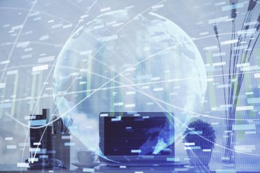 İş teması simgelerinin çifte pozlandırılması ve bilgisayar geçmişi olan çalışma alanı. Başarı kavramı.