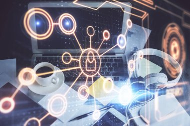 Sosyal ağ hologramıyla birlikte bilgisayar masaüstünde. Çifte maruziyet. Uluslararası insan ilişkileri kavramı.