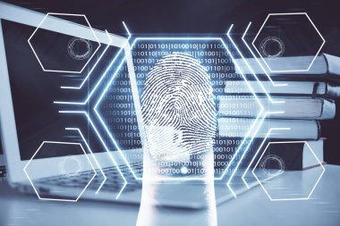 Ofisteki bilgisayarın parmak izi çizimi. Çifte maruziyet. İş veri güvenliği kavramı.