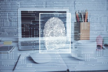 Ofisteki bilgisayarın parmak izi çizimi. Çifte maruziyet. İş veri güvenliği kavramı.