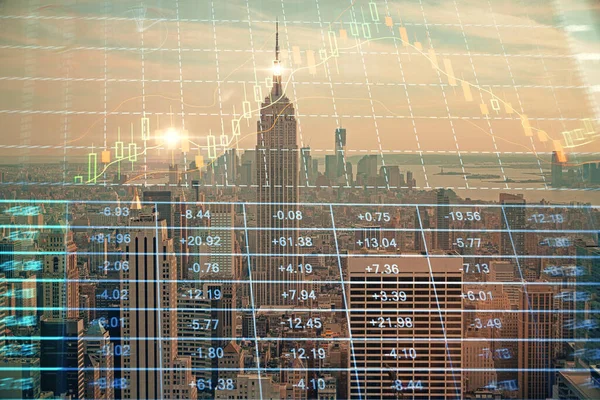 Forex graph on city view with skyscrapers background double exposure. Financial analysis concept. — Stock Photo, Image