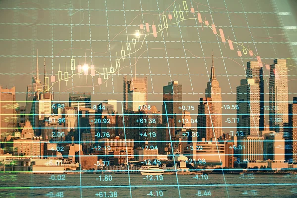 高層ビルの背景二重露出と都市の眺めの外国為替グラフ。金融分析の考え方. — ストック写真