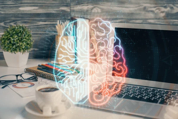Dubbele blootstelling van desktop computer en menselijke hersenen tekenen hologram. Ai-concept. — Stockfoto