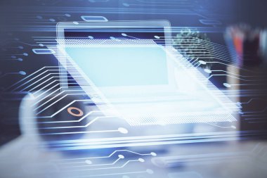 Masaüstü bilgisayarı ve teknoloji temalı holograma çift pozlama. Yazılım geliştirme kavramı.