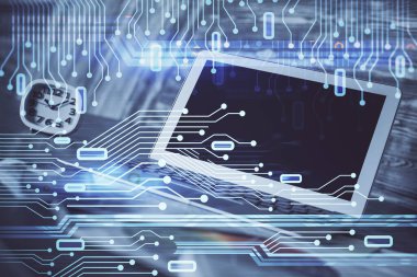 Dizüstü bilgisayar ve teknoloji temalı holograma çifte maruz kalma. Serbest çalışma kavramı.