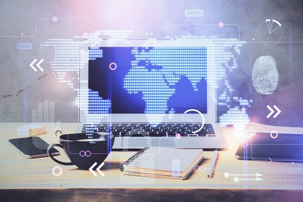 Multi exposure of table with computer and world map hologram. International data network concept. — Stock Photo, Image