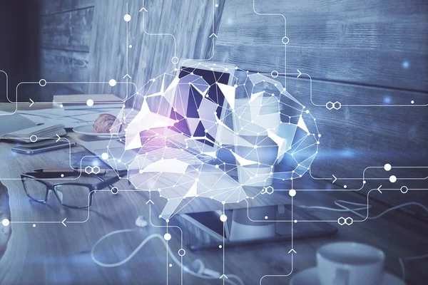 Multi exposure of work table with computer and brain hologram. Brainstorm concept. — Stock Photo, Image