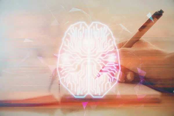 Doppelbelichtung der Schreibhand auf dem Hintergrund mit Gehirn-Hologramm. Lernkonzept. — Stockfoto