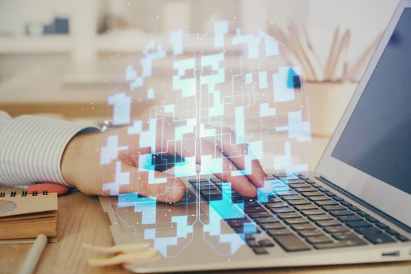 A man working on Laptop with technology theme drawing. Concept of big data. Double exposure. — Stock Photo, Image