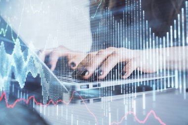 Bilgisayarda ve ön x grafik hologram çiziminde kadın eli yazarken çift pozlama. Borsa yatırım kavramı.