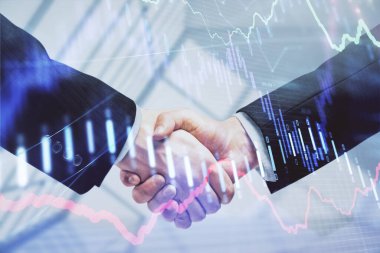 Forx grafik hologramı ve iki adamın el sıkışması. Borsa konsepti.