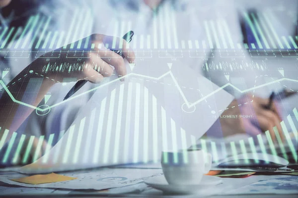 Doble exposición del dibujo del tema de datos sobre personas que escriben antecedentes. Concepto de tecnología —  Fotos de Stock