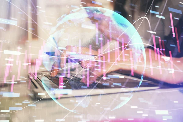 Multi exposure of woman hands typing on computer and financial graph hologram drawing. Stock market analysis concept. — Stock Photo, Image