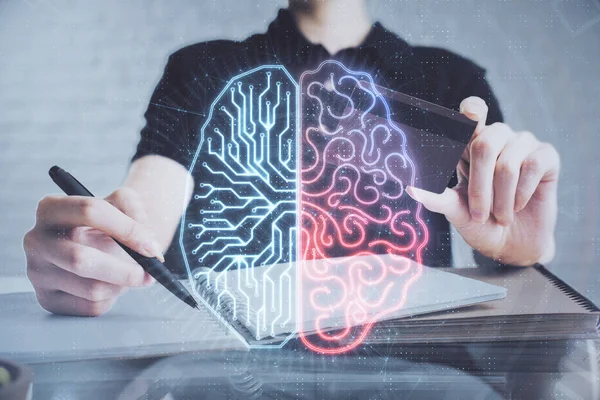 Dubbele blootstelling van de mens handen typen op de computer met credit card en hersenen thema tekening. E-commerce en AI-concept. — Stockfoto