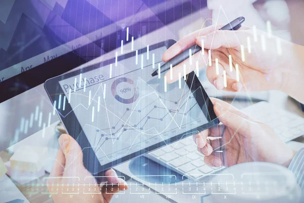 Double exposure of mans hands holding and using a phone and financial chart drawing. Market analysis concept. — Stock Photo, Image