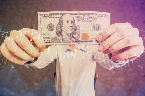 Multi exposure of forex graph drawing hologram and USA dollars bills and man hands. Technical Analysis concept. — Stock Photo, Image
