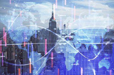 İş temalı hologram çizimine ve şehrin arka planına çifte maruz kalma. Başarı kavramı.