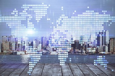 İş temalı hologram çizimine ve şehrin arka planına çifte maruz kalma. Başarı kavramı.