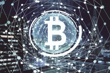 Kripto para birimi temalı hologram çizimine ve şehrin arka planına çoklu maruz kalma. Engelleme zinciri ve bitcoin kavramı.