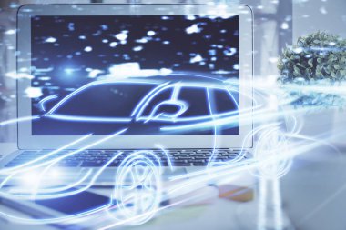 Otomobil hologramı çizimi olan masaüstü bilgisayar arkaplanı. Çoklu maruz kalma. Teknoloji kavramı.