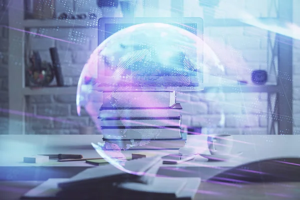 Computer on desktop in office with technology theme hologram. Double exposure. Tech concept. — Stock Photo, Image