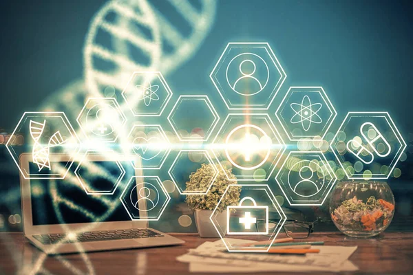 Desktop computer background and DNA drawing. Double exposure. Science concept. — Stock Photo, Image