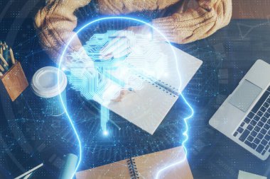 Arka planda beyin hologramıyla el yazısına çok maruz kalmış. Öğrenme kavramı.