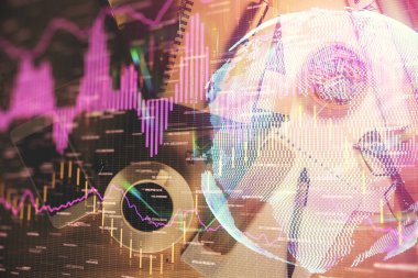 Ön x grafik çizimi ve çalışma masası üst veiw çift pozlama. Mali analiz kavramı.