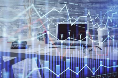 Finansal grafik çizimine ve ofis içi arka planına çifte maruz kalma. Borsa konsepti.