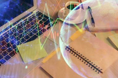 Önx grafik çizimi ve masaüstü ile kahve ve masa arkasındaki öğelerin çoklu pozlandırılması. Finansal piyasa ticareti kavramı